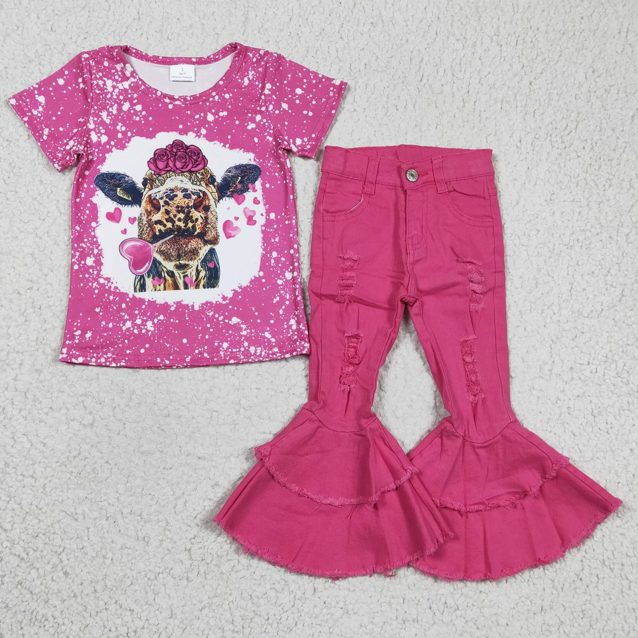 girls short sleeve top hot pink denim pants set GSPO0474