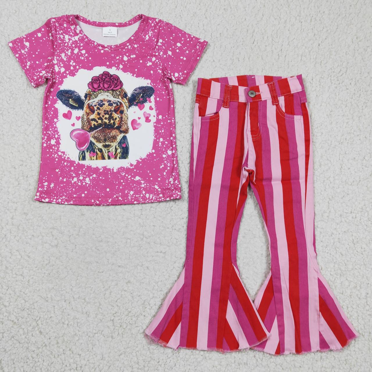 girls short sleeve top hot pink stripes denim pants set GSPO0475