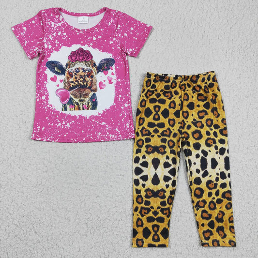 girls short sleeve cow top brown cheetah legging 2pcs set, GSPO0476