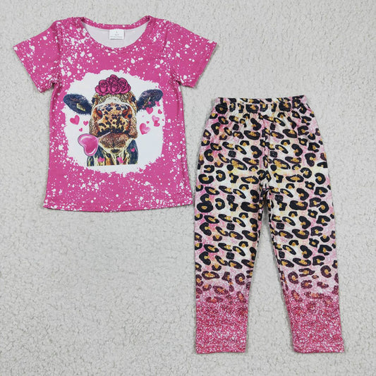 short sleeve cow top cheetah legging 2pcs set, GSPO0477