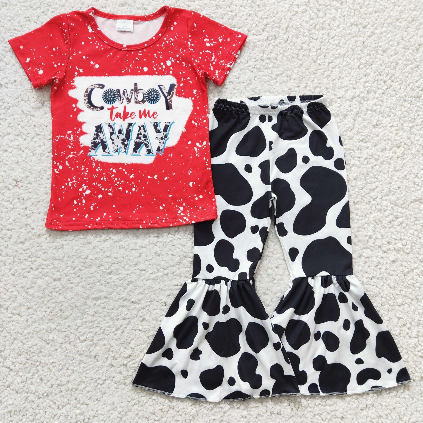 Baby girls short sleeve bleach top cowhide bell pants 2pcs outfit, GSPO0483