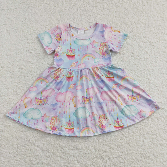 girls shorts sleeve rainbow horse print dress，GSD0166