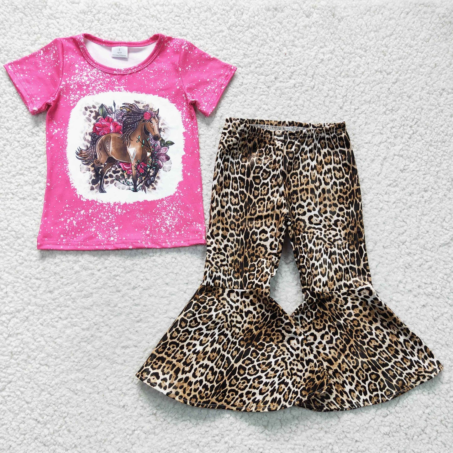 girls short sleeve horse top cheetah pu leather pants 2pcs boutique set, GSPO0486