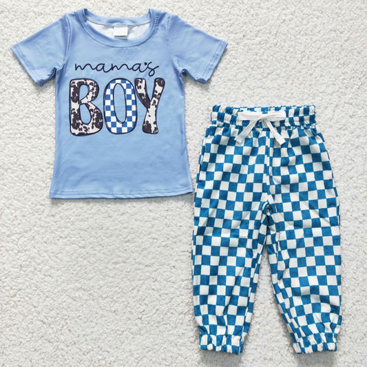 Mamas boy short sleeve top plaid pants 2pcs summer clothing BSPO0082