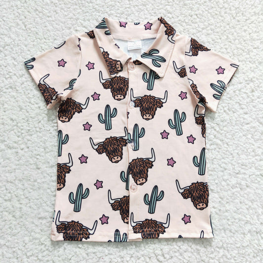 boy short sleeve cactus highland cow button up shirt,BT0133