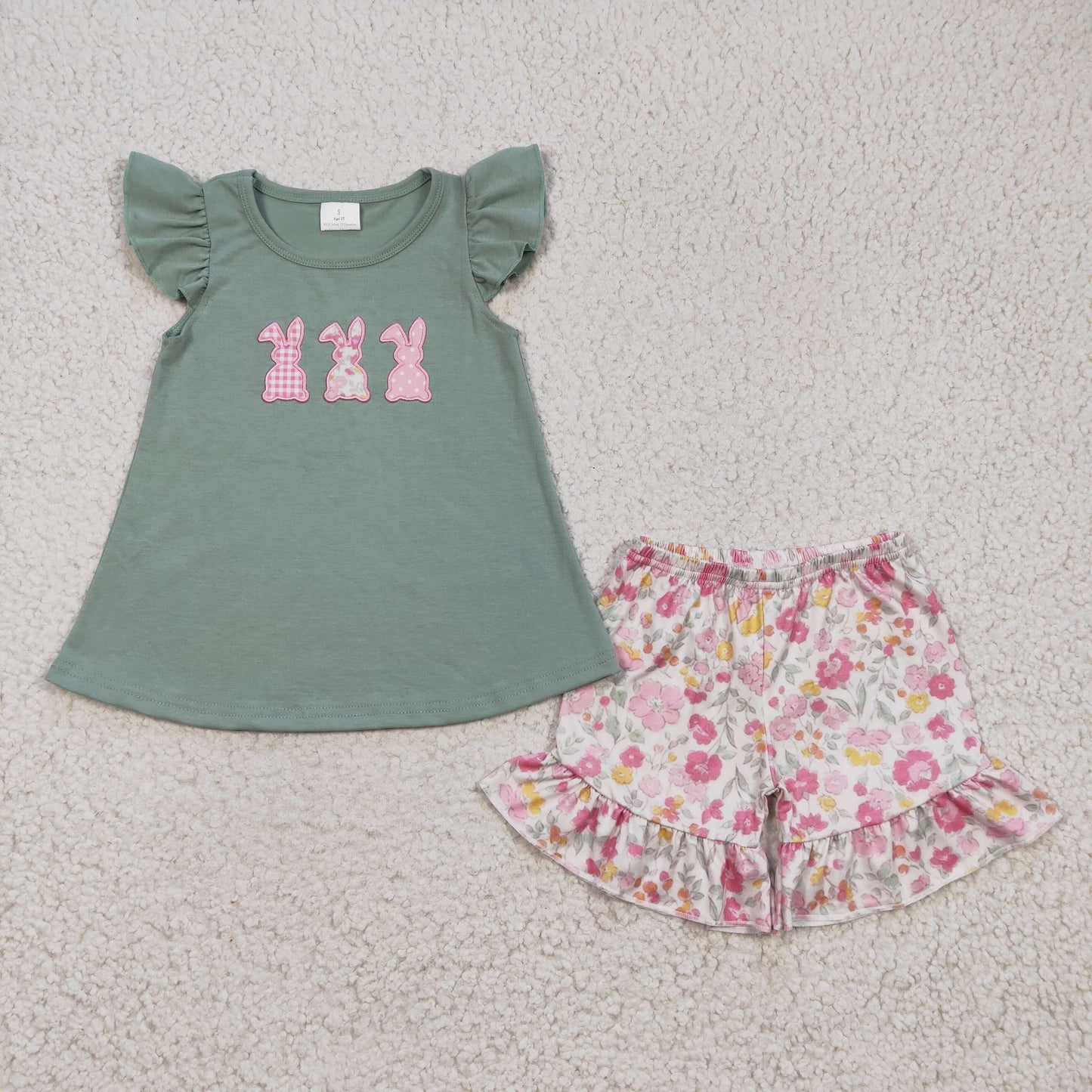 baby girls rabbit top floral shorts Easter day outfit. GSSO0160