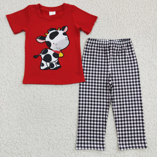 boys red color cow top plaid pants outfit, BSPO0057