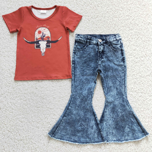 baby girls cowboy short sleeve top denim pants set,GSPO0399