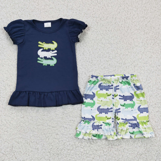 toddle girls embroidery crocodile summer short outfit, GSSO0159