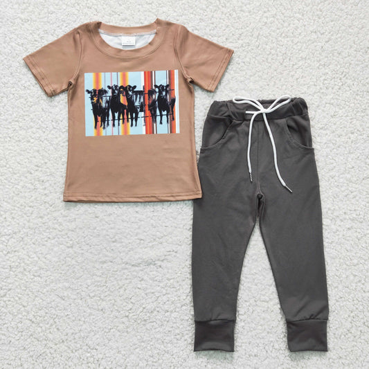 boy cow print short sleeve top grey pants outfit, BSPO0064