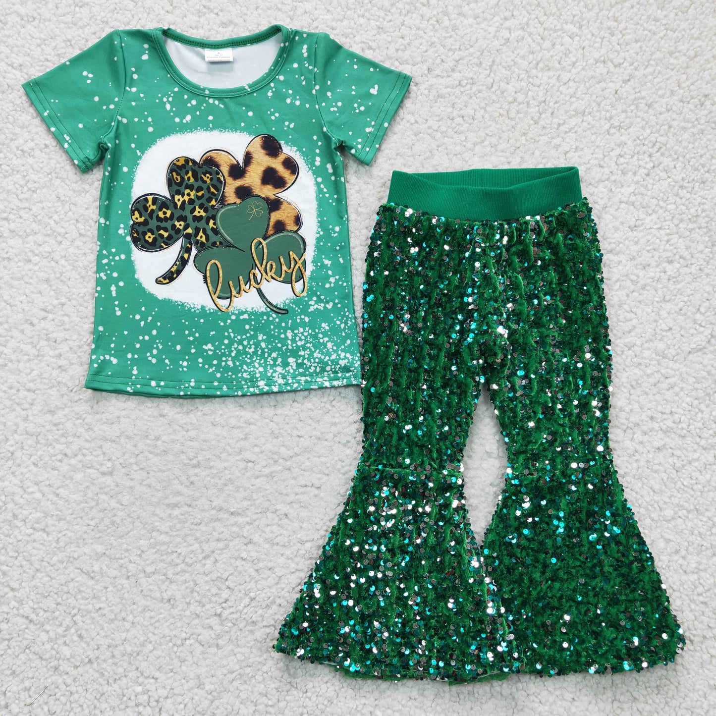 baby girls st day top green sparking pants set,GSPO0401