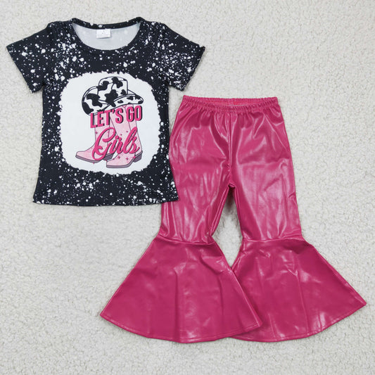 baby girls black top hot pink pu leather pants outfit, GSPO0442