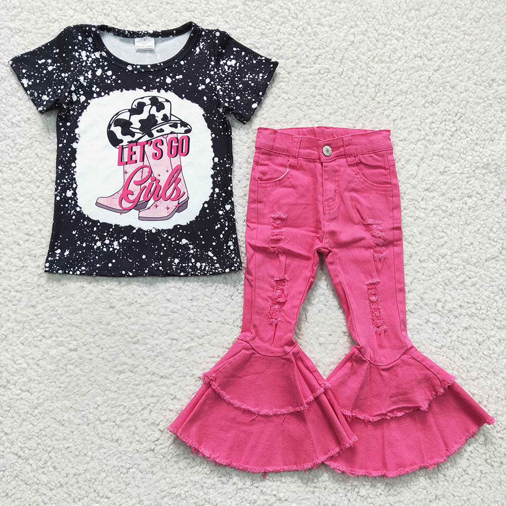 lets go girls bleach top hot pink ruffles jeans pants outfit,GSPO0495