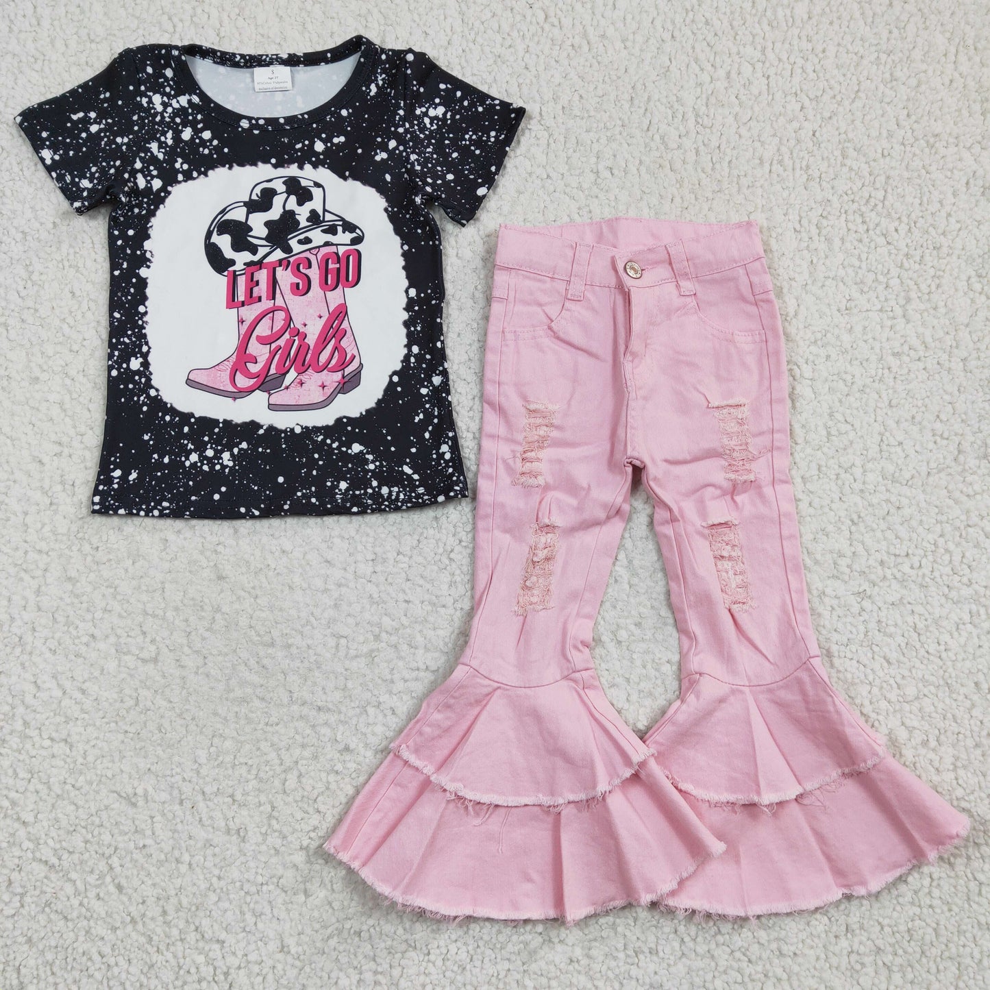 lets go girls bleach top pink ruffles jeans pants outfit,GSPO0496
