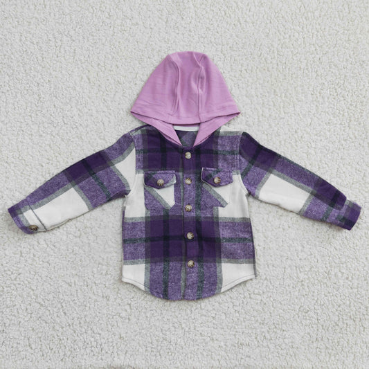 Purple flannel button up hoodie shirt,GT0150