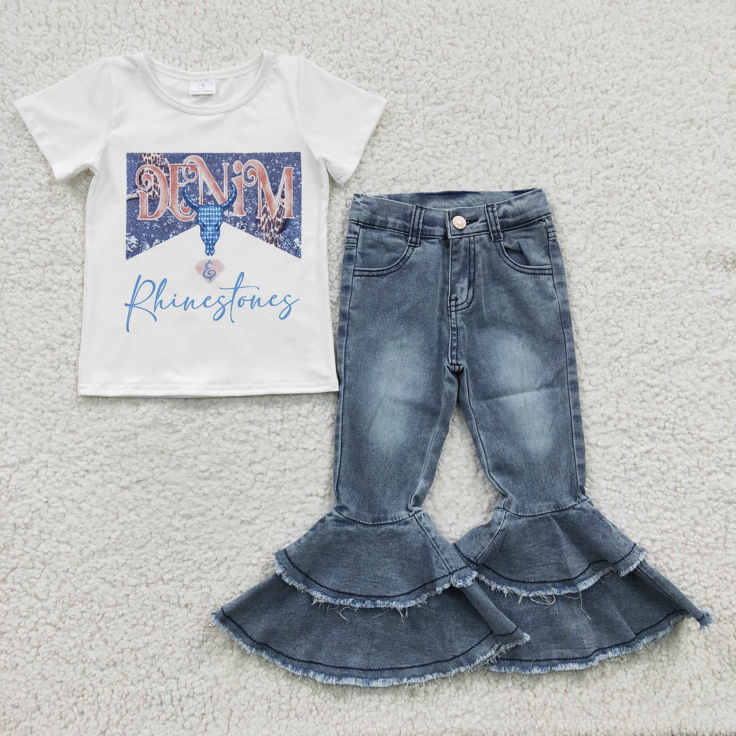 baby girls short sleeve cow top blue denim pants set, GSPO0531