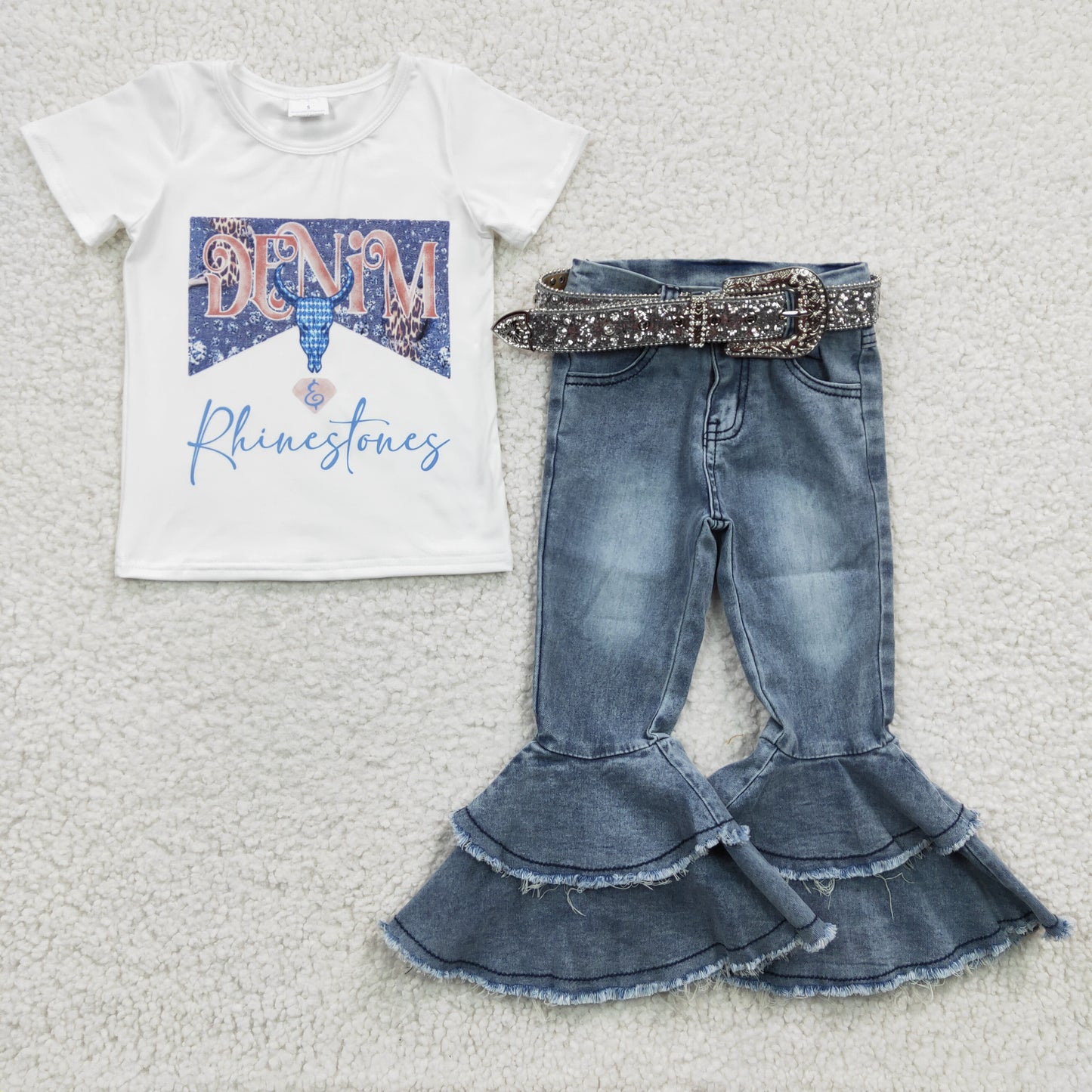 Toddle girls 3pcs denim pants set rhinestones belt accessories