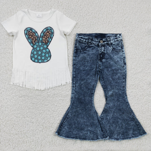 girls short sleeve Easter bunny top blue denim pants set GSPO0532