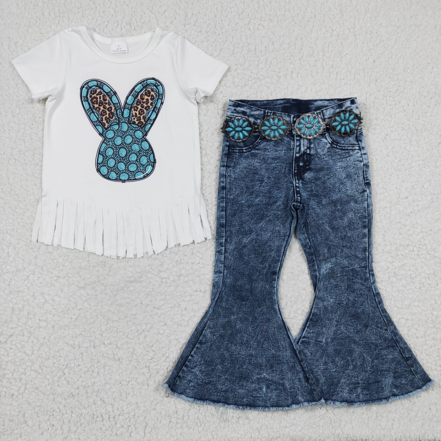 Toddle girls 3pcs denim pants set turquoise beads belt accessories