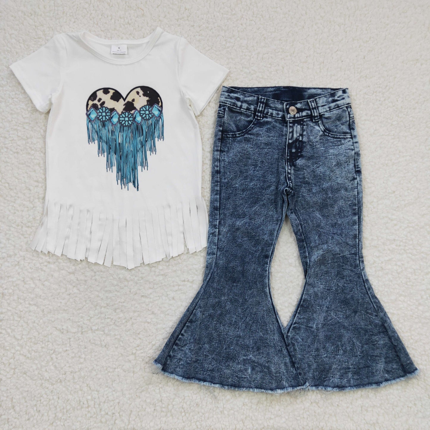 girls short sleeve turquoise top blue denim pants set