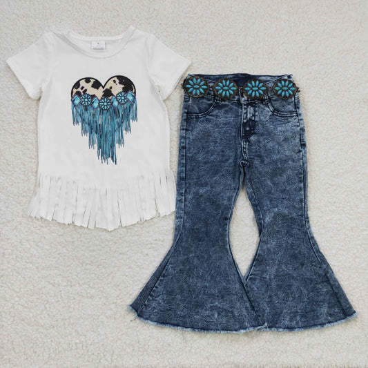 Toddle girls 3pcs denim pants set turquoise top beads belt accessories