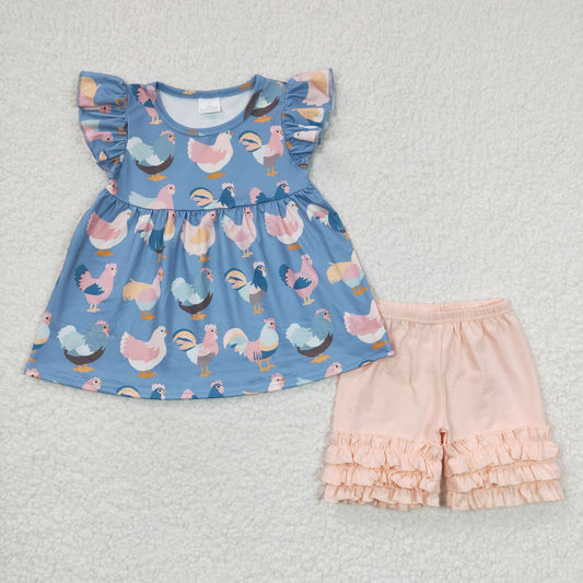 baby girls chicken print summer short outfit, GSSO0168