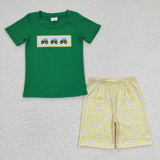 boy embroidery tractor summer short set,  BSSO0126