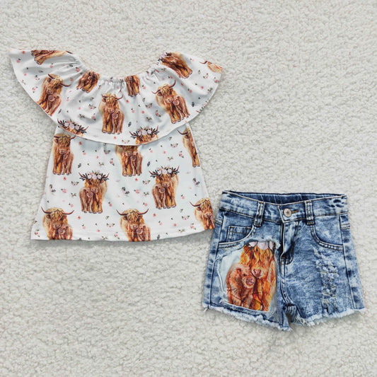 highland cow top denim shorts 2pcs summer outfit, GSSO0186