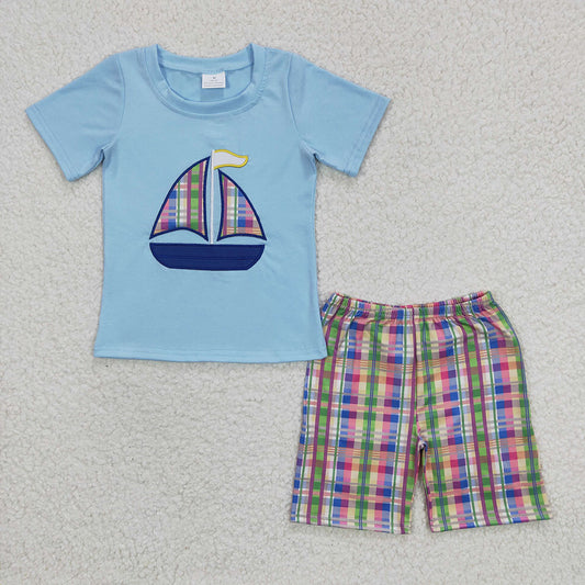 boy embroidery sailboat short set,  BSSO0127