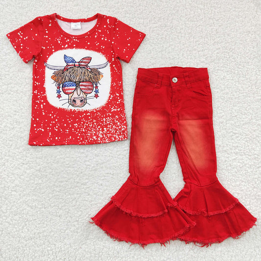 highland cow bleach top red denim bell bottoms 2pcs July 4th outfit