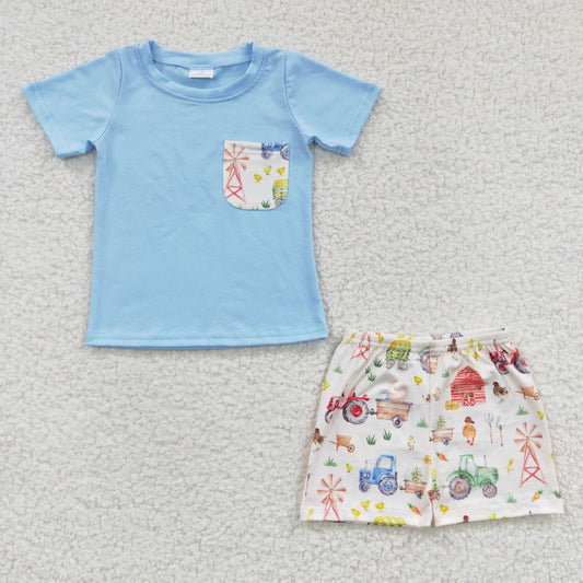 boy summer farm truck short outfit ,BSSO0142