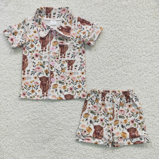 girls floral highland cow short sleeve pajama set, GSSO0176
