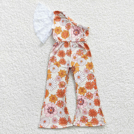 kids toddle girls flower print one shoulder lace sleeve jumpsuit SR0211