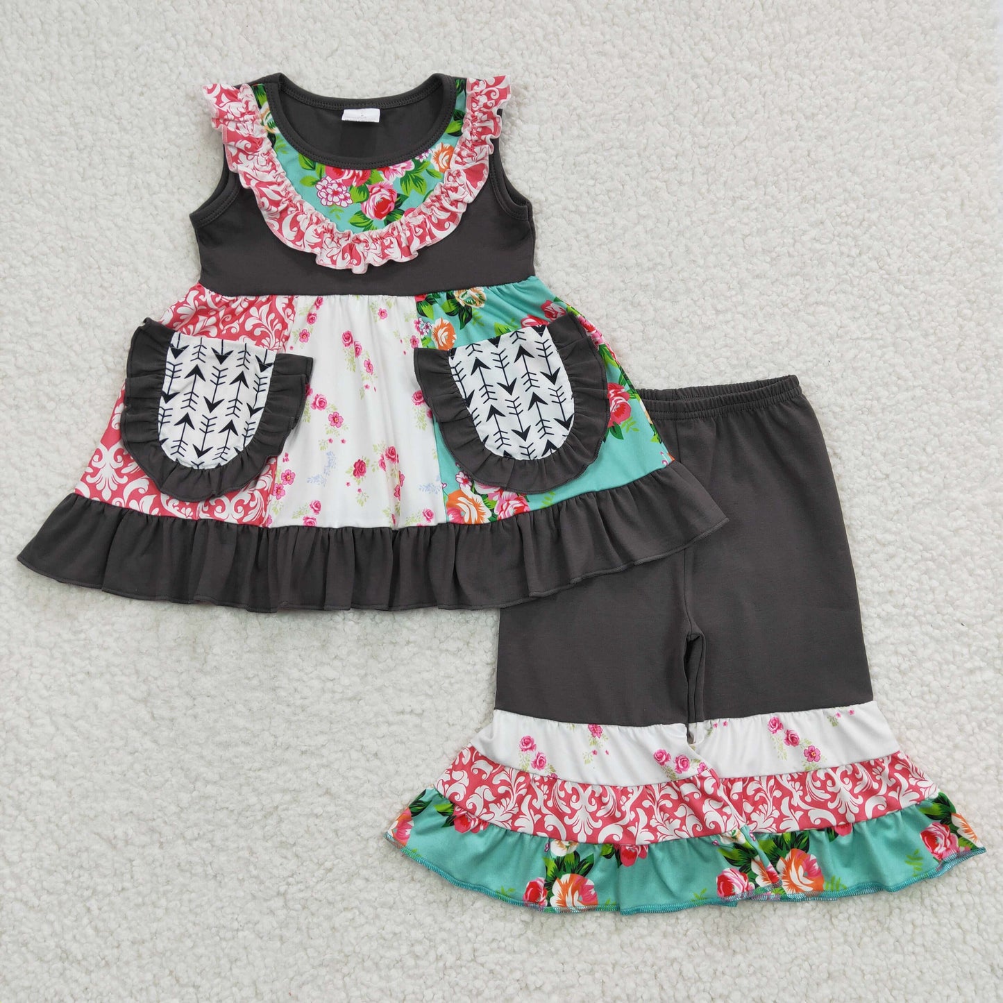 Wholesale toddle girls floral sleeveless boutique outfit E3-16