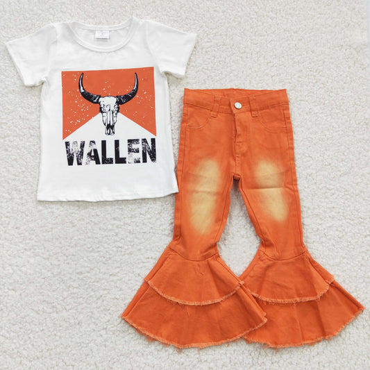 western cow short sleeve top orange bleach denim pants outfit