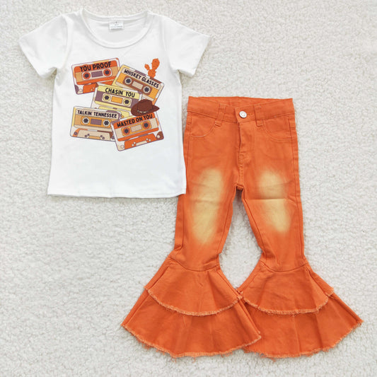 kids tape short sleeve top orange bleach denim pants outfit