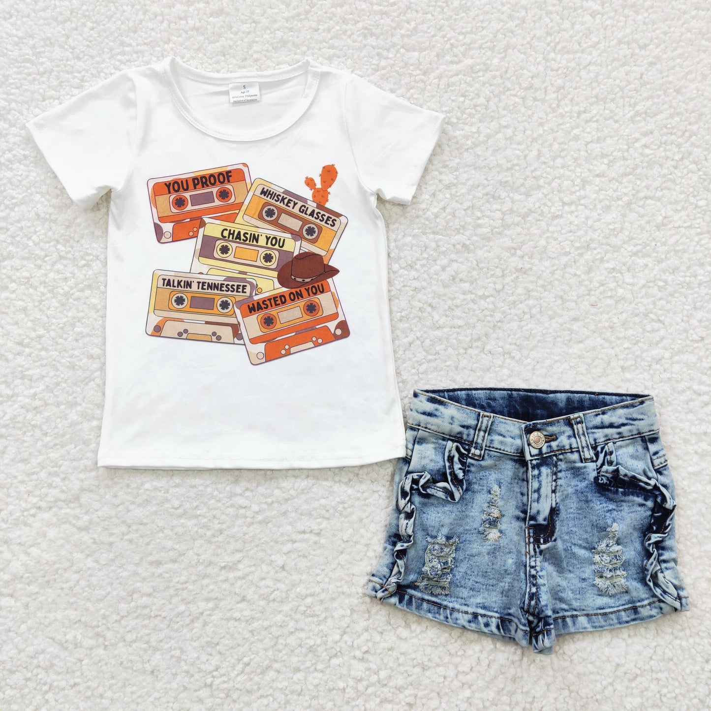 short sleeve tape top denim shorts 2pcs set