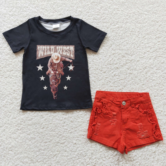 cowboy black top coral denim shorts 2pcs set