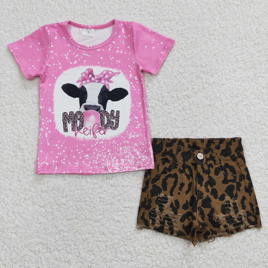 moody pink top cheetah denim shorts 2pcs set