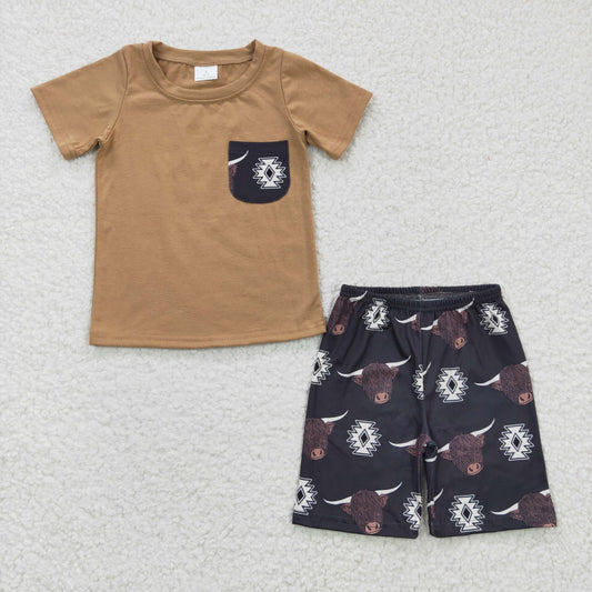 baby boy kids highland cow design summer short outfit ,BSSO0148