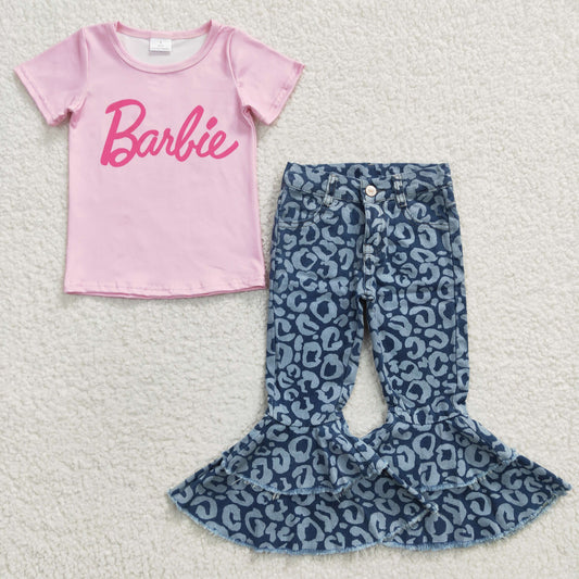 short sleeve letter print doll top blue cheetah denim pants 2pcs outfit