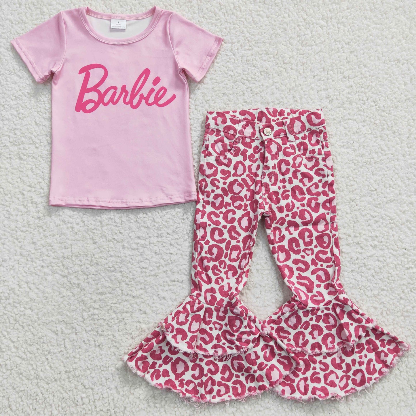 short sleeve letter print doll top pink cheetah denim pants 2pcs outfit