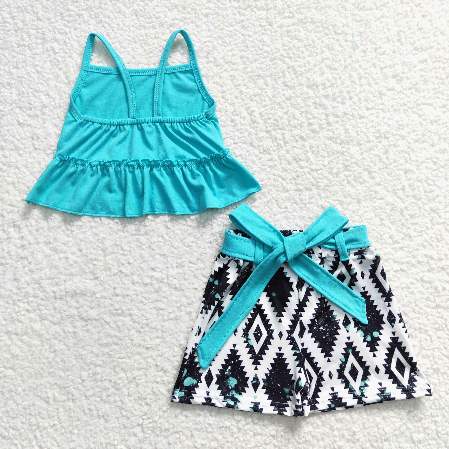 Turquoise tank top bow belt shorts outfit ,GSSO0201