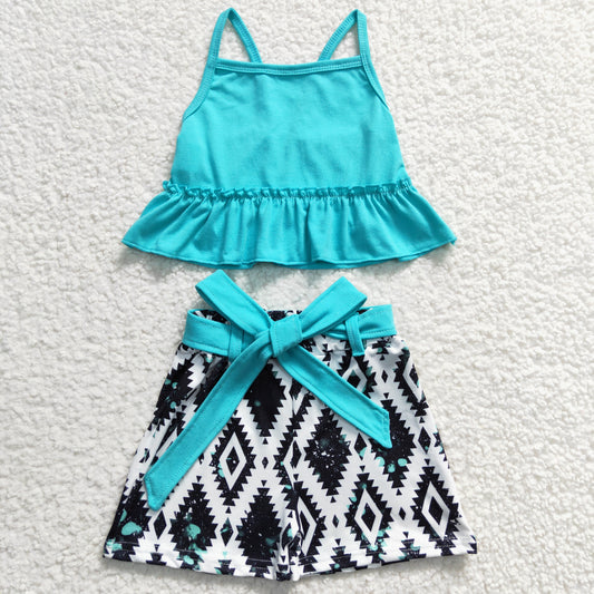 Turquoise tank top bow belt shorts outfit ,GSSO0201