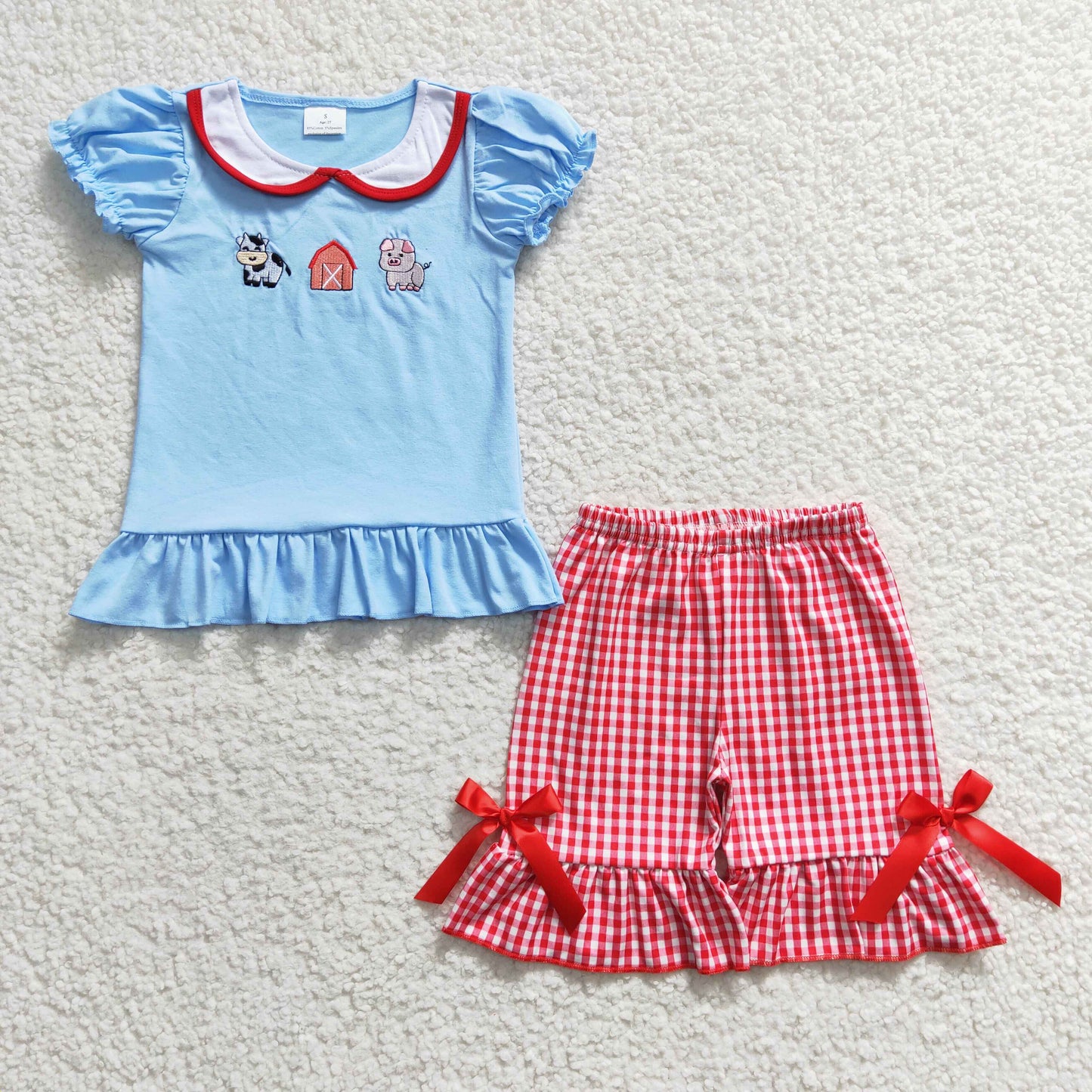 Embroidery pig cow farm house girls short sleeve set GSSO0200