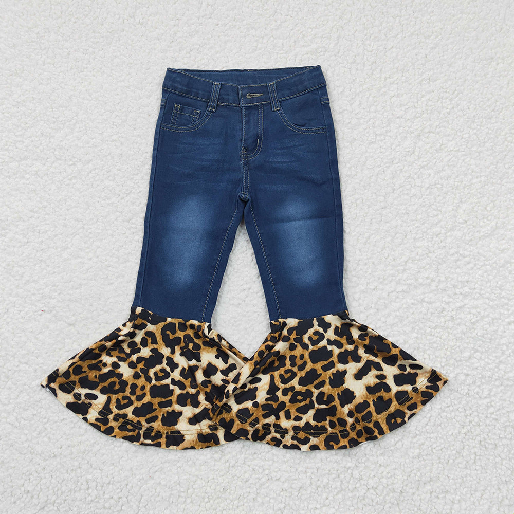 vintage  blue denim pants cheetah ruffles ,P0116
