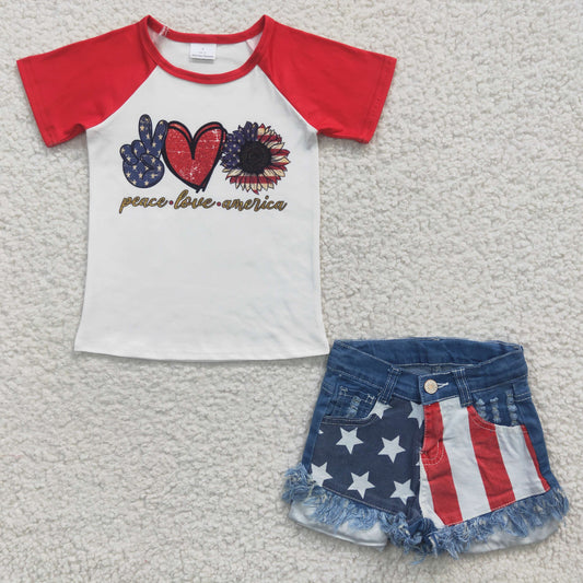 July 4th peace love American girls top distressed denim shorts 2pcs set