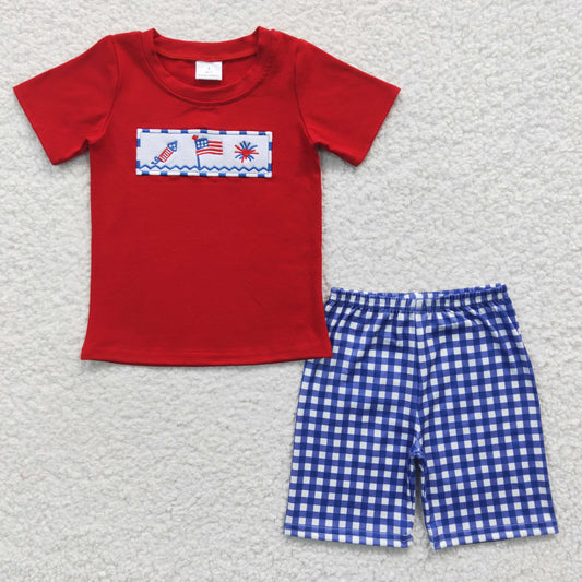 July 4th plaid shorts 2pc holiday outfit ,BSSO0176
