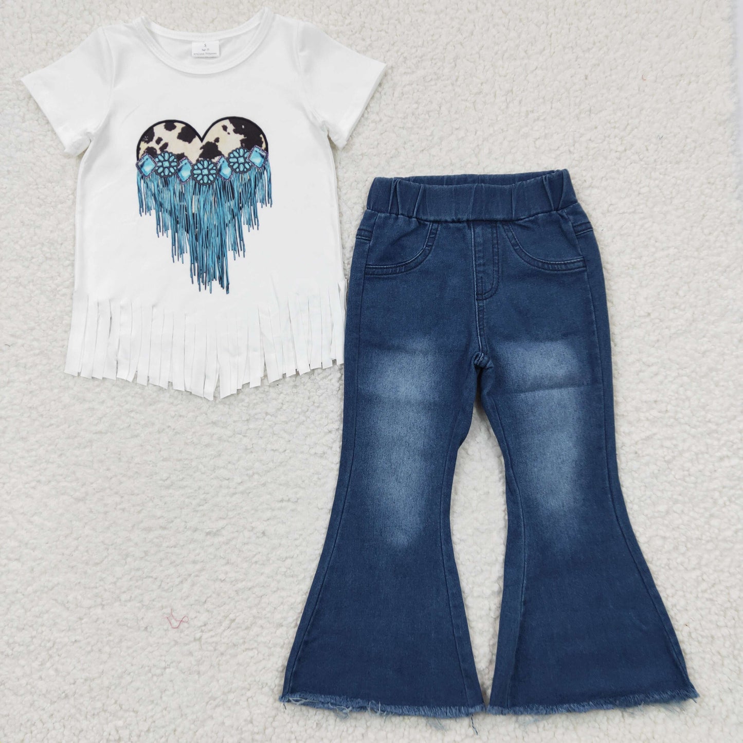 Toddle girls short sleeve turquoise print top 2pcs denim pants set