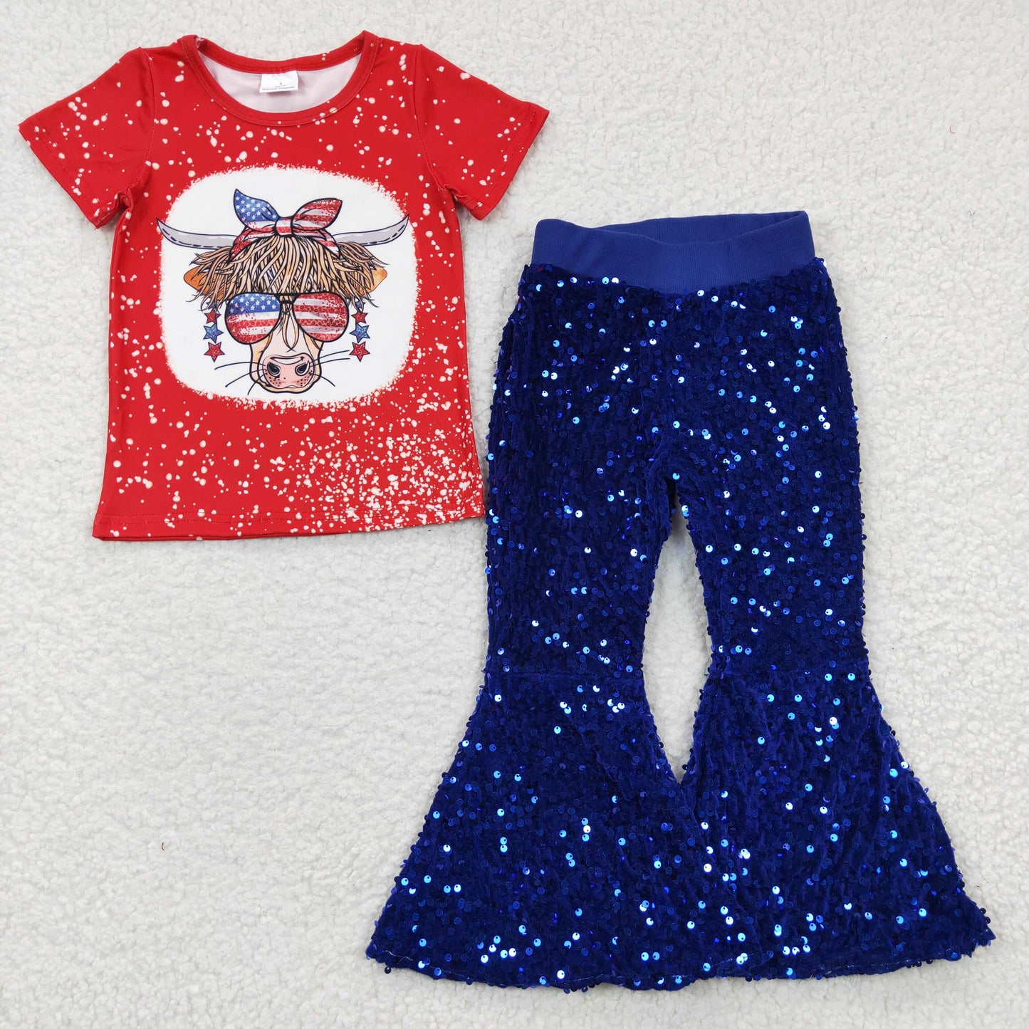 highland cow top blue sequins bell bottoms July 4th outfit